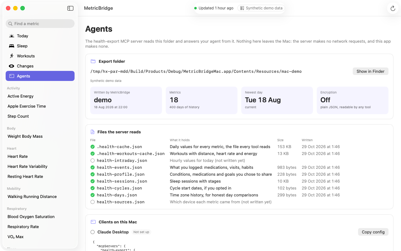 MetricBridge for Mac, Agents: the export folder, each file the MCP server reads with its age, and which AI clients have the server.