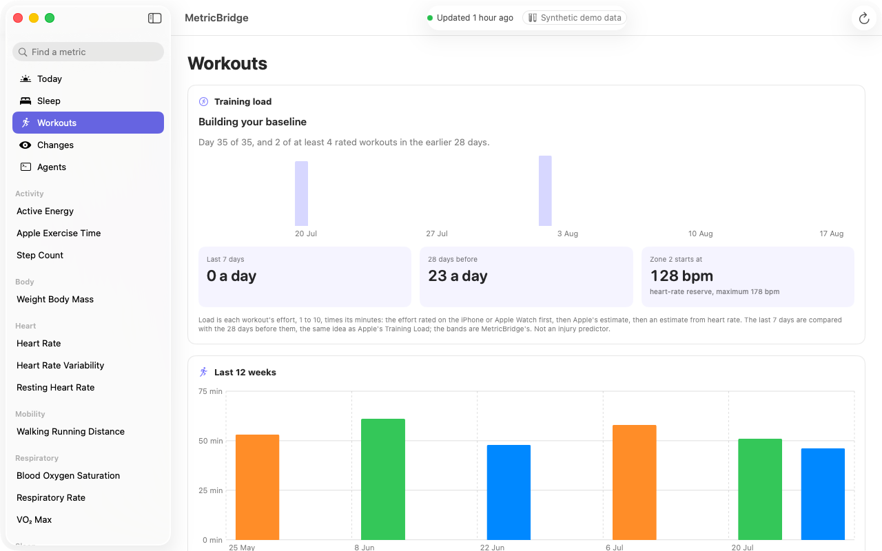 MetricBridge for Mac, Workouts: training load card, 12 weeks of workouts by type, totals and a table of every workout.
