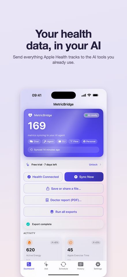 MetricBridge dashboard showing the number of metrics syncing to an AI agent, with sync and export buttons