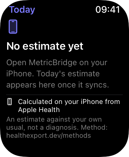 Watch app: No estimate yet. Open MetricBridge on your iPhone.